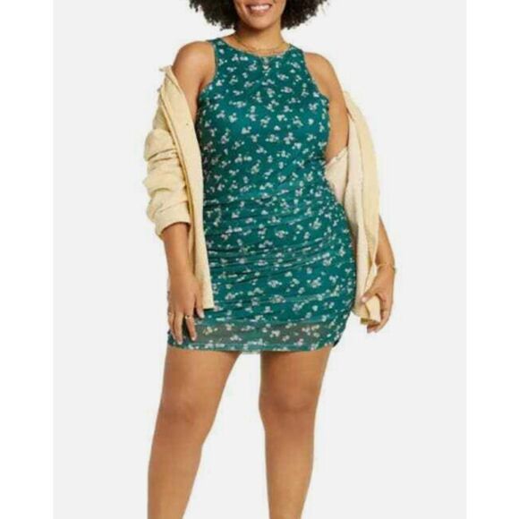 BP Ruched Mesh Mini Bodycon Sleeveless Dress in Green Kasey Floral Size 3XL - Picture 6 of 7